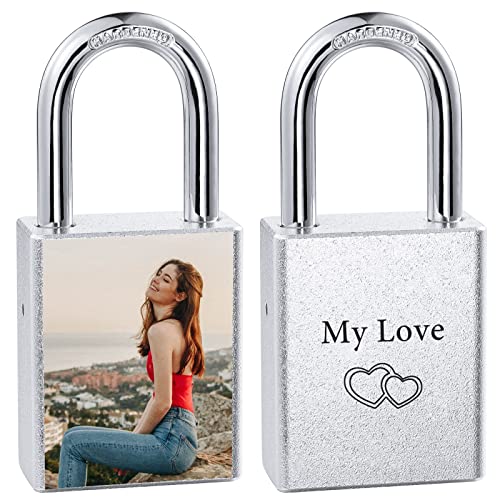 INBLUE Personalisiertes Liebesschloss, Individuelles Bild/Gravur, Foto für Paare, Freund, Freundin, Liebhaber, Aluminium, Erinnerung, Jahrestag, Valentinstag, Brücke, Vorhängeschloss mit Schlüssel von INBLUE