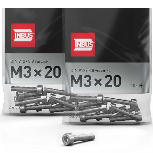 INBUS® Zylinderschrauben mit Innensechskant M 3 x 20 mm (DIN 912/ ISO 4762, 8.8 Verzinkt), 20 Stück — Das Original von INBUS