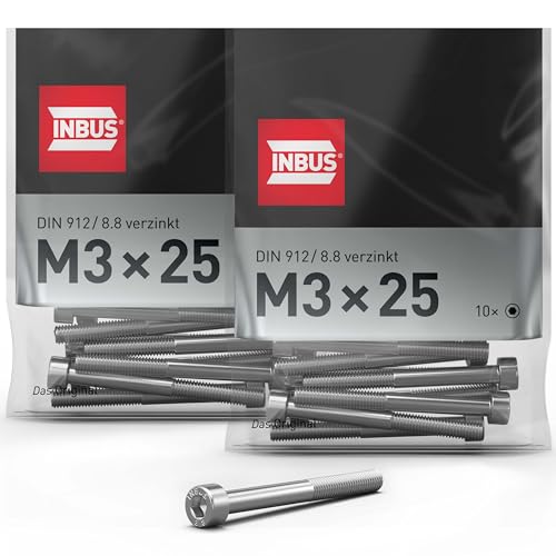INBUS® Zylinderschrauben mit Innensechskant M 3 x 25 mm (DIN 912/ ISO 4762, 8.8 Verzinkt), 20 Stück — Das Original von INBUS
