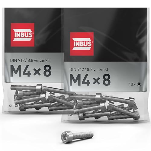 INBUS® Zylinderschrauben mit Innensechskant M 4 x 8 mm (DIN 912/ ISO 4762, 8.8 Verzinkt), 20 Stück — Das Original von INBUS