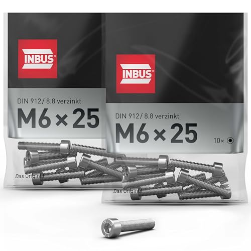 INBUS® Zylinderschrauben mit Innensechskant M 6 x 25 mm (DIN 912/ ISO 4762, 8.8 Verzinkt), 20 Stück — Das Original von INBUS