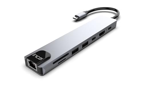 USB-C Hub 8-in-1 inca ITPC-7T – HDMI 4K, Gigabit LAN, 2X Type-C, USB 3.0, SD/MicroSD Kartenleser – Aluminium Adapter für MacBook, Laptop, Tablet, Smartphone, Dockingstation von İnca