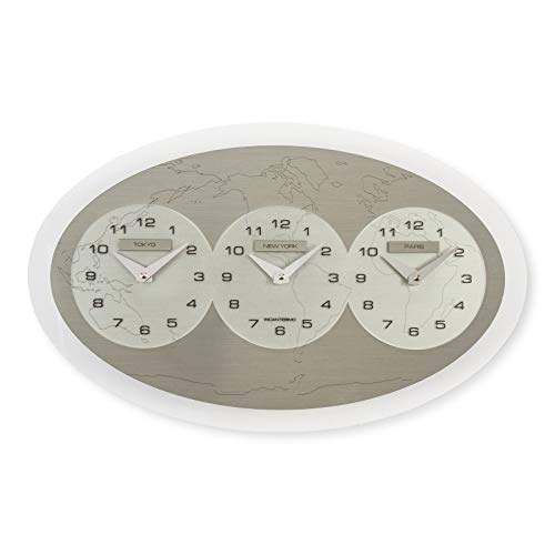 INCANTESIMO Wanduhr, TRE Ore Nel Mondo (Tokyo/New York/Paris), klares Glas mit hoher Dichte, Weiß/Grau/Silber, 45 x 28 x 3 cm von INCANTESIMO