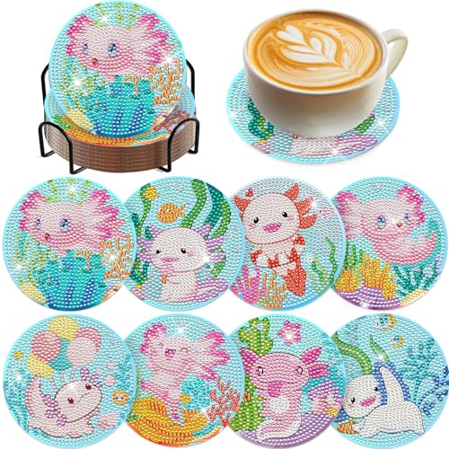 Axolotl Untersetzer mit Diamant-Malerei, 8 Stück, niedliche Tier-Diamant-Kunst-Kits, DIY-Vollbohrer, glänzende Trinkuntersetzer mit Halter, Kunst, Handwerk, Geburtstag, Urlaub für Frauen, Anfänger Axolotl Untersetzer mit Diamant-Malerei, 8 Stück, niedliche Tier-Diamant-Kunst-Kits, DIY-Vollbohrer, glänzende Trinkuntersetzer mit Halter, Kunst, Handwerk, Geburtstag, Urlaub für Frauen, Anfänger von INCOK
