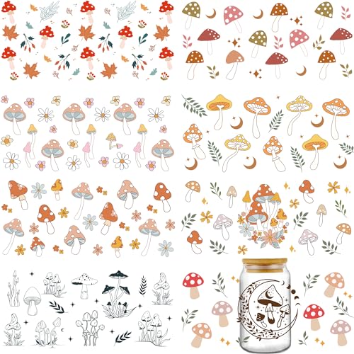 INCOK Aufkleber zum Aufreiben, 8 Bögen, bunte Pilzblumen, UV-DTF-Becherfolien für 473 ml Glas, Mond-Ahornblatt-Muster, UVDTF-Becher, Transfer-Aufkleber, DIY-Getränke-Aufkleber von INCOK