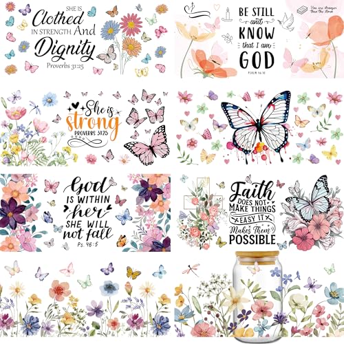 INCOK Rub-on-Transfers zum Basteln, 8 Bögen, Bibelvers, UV-DTF-Transfer-Aufkleber für Wasserkelch, christliche Sprüche, Schmetterling, Blumen, Tassenwickel, religiöse, ästhetische Geschenke von INCOK