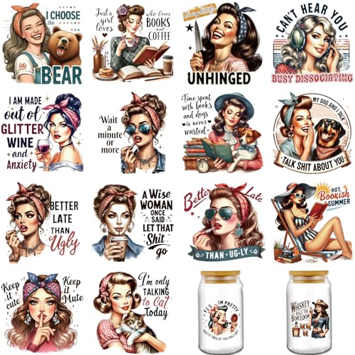 INCOK Rub-on-Transfers zum Basteln – 16 Blatt Vintage Girl UV DTF Wraps für 473 ml Glasbecher, lustige sarkastische Zitate, Tumbler-Transferaufkleber, Aufkleber, DIY, kreative Geschenke für Frauen von INCOK