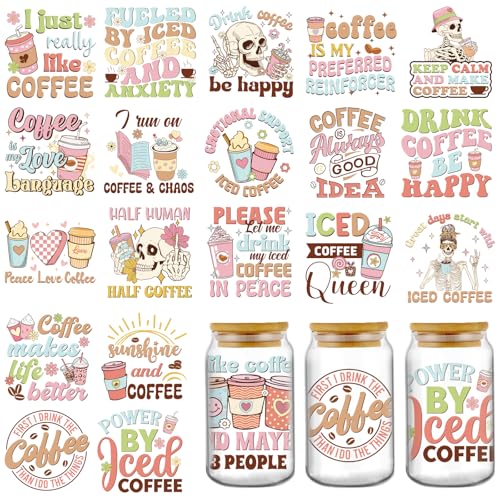INCOK Rub-on-Transfers zum Basteln – 20 Blatt Boho-Kaffeegetränke, lustige Skelett-UV-DTF-Cup-Wraps für 473 ml Wasserflasche, Eiskaffee, Retro-Glasbecher, Transferaufkleber, DIY-kreative Geschenke von INCOK