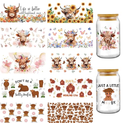 INCOK Transferfolie zum Aufreiben für Bastelarbeiten, 12 Blatt Highland Cow Sunflower UV DTF Cup Wraps für 473 ml Glas, braunes Rinder-Blumenmuster, Libbey Tassen-Transferaufkleber, niedlich, kreative von INCOK