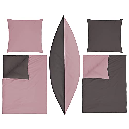 INDA-Exclusiv 3-teiliges Renforcé Bettwäsche-Set Bettbezug Wende rosa/Anthrazit Baumwolle mit Reißverschluss 200x200cm + 80x80cm von INDA-Exclusiv