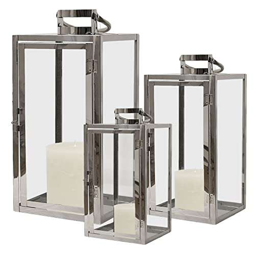 INDA-Exclusiv XXL Luxus 3er Set Gartenlaternen Set aus Edelstahl Windlicht Laterne Edelstahl-Laternen Glas 30/40 / 53 cm Silber von INDA-Exclusiv