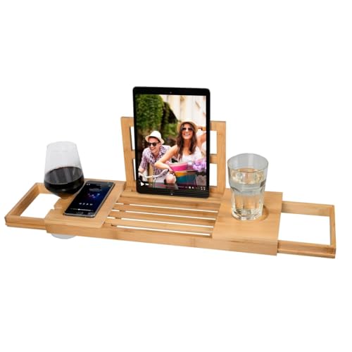 alpina Verstellbares Badewanneablage - Badewannebrett 50-92 x 18 x 4 cm - Badewanneauflage aus Bambus mit Buchstütze und Tablet-Halter - Inkl. Becherhalter - Badezimmer Deko von INDA-Exclusiv