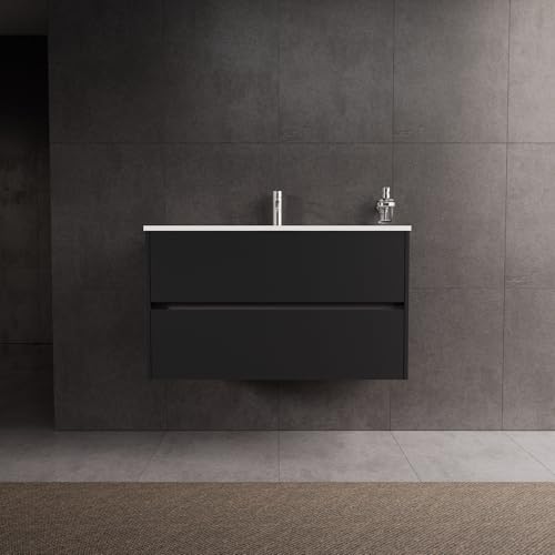 INDA | Badezimmerschrank L.100 mit Waschbecken glänzend/schwarz matt 2 Schubladen - Diamant INDA | Badezimmerschrank L.100 mit Waschbecken glänzend/schwarz matt 2 Schubladen - Diamant von INDA