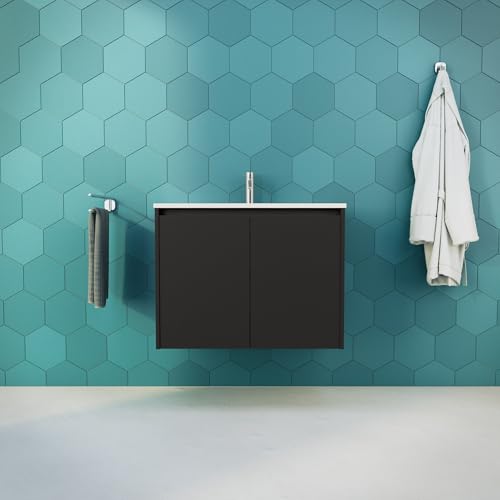 INDA | Badezimmerschrank L.80 mit Waschbecken glänzend/schwarz matt 2 Türen - Saphir von INDA
