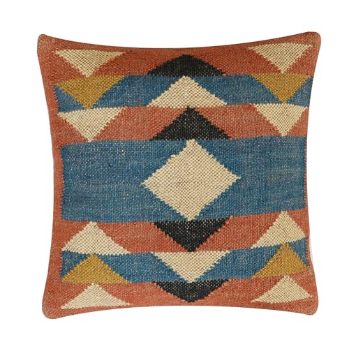 INDACORIFY Handgefertigter Kelim-Kissenbezug, 45,7 x 45,7 cm, Teppich-Kissenbezug, Vintage-Woll-Jute-Kissen, ethnisches indisches quadratisches Boho-Kissen für Wohnzimmer (Muster-2) von INDACORIFY