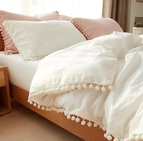 INDACORIFY Weißer Bettbezug mit demselben Bommel-Bettbezug, Boho-Bettwäsche, 100% Gewaschene Baumwolle, Bettbezug-Set, Queen-Size-Bett (California King 98X104 Inches) von INDACORIFY