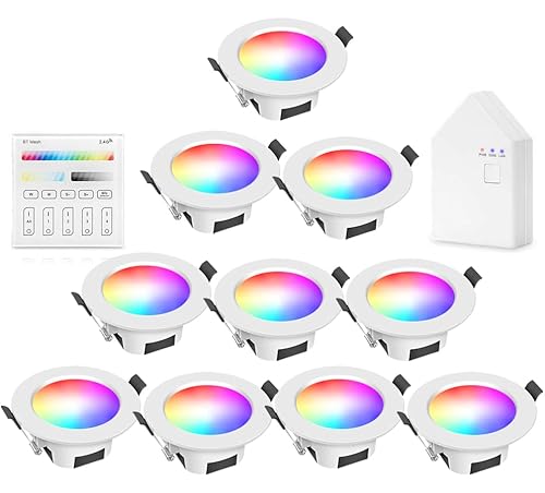 10er LED Einbaustrahler 230V RGBWC+CCT-WIFI/Bluetooth 9W LED Spots led Einbauspots Flach Dimmbar, RGB+2700K-6500K, APP Steuerung, Deckenleuchte Lampe mit Fernbedienung Kompatibel mit Alexa Google Home von INDARUN