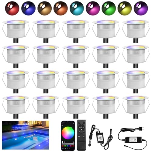 20er Terrasse Bodeneinbauleuchten außen RGBWW(RGB + Warmweiß)-WiFi Ø31mm led Einbaustrahler Aussen 12v mini led spot Terrassenbeleuchtung IP67 Wasserdicht Kompatibel mit Alexa Google Home von INDARUN