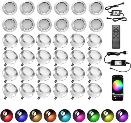 30er LED Bodeneinbauleuchten Aussen WIFI Ø45mm RGBW(RGB+Warmes Weiß) LED Terrasse Einbaustrahler Bodeneinbaustrahler DC12V IP67 Wasserdicht Einbauspots Kit Arbeitet mit Alexa,Google Home von INDARUN