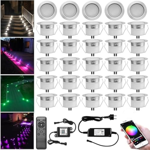 30er RGB LED Bodeneinbauleuchten Aussen WIFI DC12V Ø45mm IP67 Wasserdicht Einbauspots LED Terrasse Einbaustrahler Bodeneinbaustrahler Kit Arbeitet mit Alexa,Google Home von INDARUN