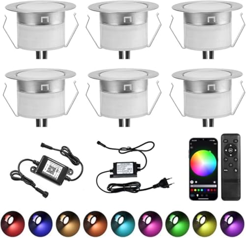 6er RGB LED Bodeneinbauleuchten Aussen WIFI DC12V Ø45mm IP67 Wasserdicht Einbauspots LED Terrasse Einbaustrahler Bodeneinbaustrahler Kit Arbeitet mit Alexa,Google Home von INDARUN