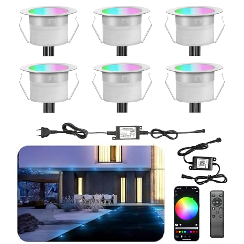 6er WiFi Terrasse Einbaustrahler Aussen RGBW- WiFi Ø45mm led bodeneinbaustrahler aussen 12v Terrassenbeleuchtung mini led spot mit Fernbedienung, wasserdicht IP67, Kompatibel mit Alexa Google Home von INDARUN
