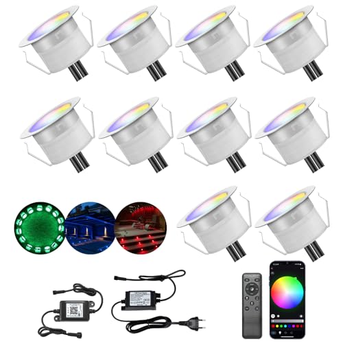 10er Set LED Bodeneinbauleuchten Aussen RGBW Ø45mm WiFi Terrasse Einbaustrahler Led Terrassenbeleuchtung 12v, IP67 Wasserdicht mini Led spot Boden mit Fernbedienung Kompatibel mit Alexa Google Home von INDARUN