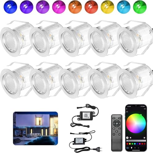 INDARUN 10er Set RGB WiFi LED Bodeneinbauleuchten Aussen Ø30mm Terrasse Einbaustrahler IP67 Wasserdicht Boden Licht Led Terrassenbeleuchtung für Küche Garten Treppen von INDARUN