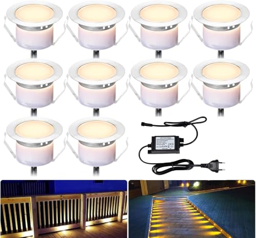 INDARUN 10er Set Warmweiß LED Bodeneinbauleuchten Aussen Ø45mm Terrasse Einbaustrahler IP67 Wasserdicht Boden Licht Led Terrassenbeleuchtung für Küche Garten Treppen von INDARUN