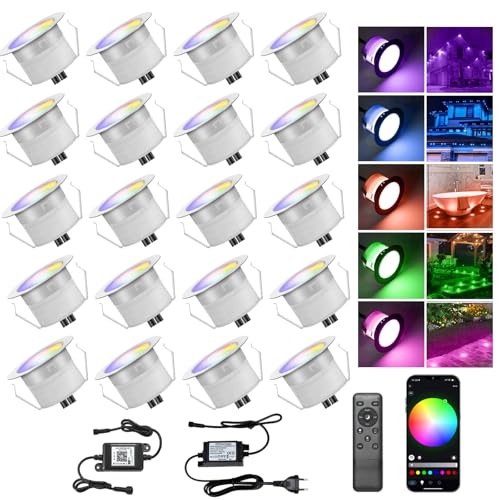 20er Set LED Bodeneinbauleuchten Aussen RGBW Ø45mm WiFi Terrasse Einbaustrahler, Led Terrassenbeleuchtung Boden Licht mit Fernbedienung, wasserdicht IP67, Kompatibel mit Alexa Google Home von INDARUN