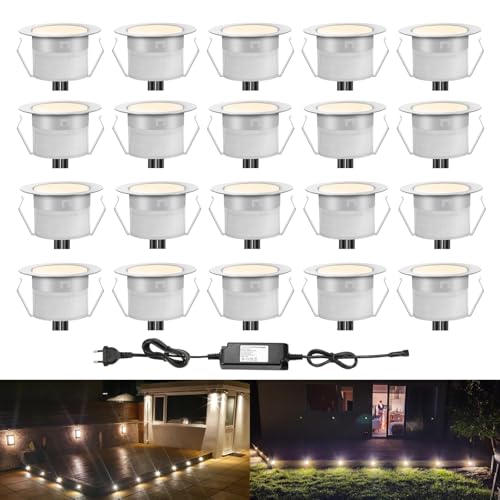 INDARUN 20er Set LED Bodeneinbauleuchten Aussen Warmweiß Ø45mm Terrasse Einbaustrahler, Led Terrassenbeleuchtung IP67 Wasserdicht Boden Licht für Küche Garten Treppen von INDARUN