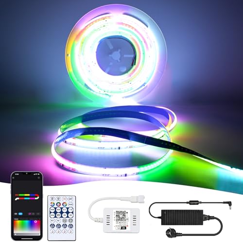 INDARUN Cob Led Strip Alexa 10m, Wlan RGB+IC led cob Streifen Lichtband led Selbstklebend mit Fernbedienung 24V, 576 Leds/M, Lichtleiste COB LED Kompatibel mit Alexa Google Home von INDARUN