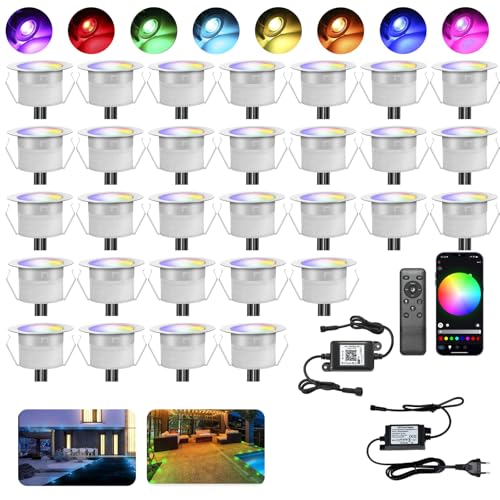 30er Terrasse Bodeneinbauleuchten Aussen RGBW Ø45mm WiFi led Einbaustrahler außen 12v IP67 Wasserdicht mini led spot Boden Licht Led Terrassenbeleuchtung Kompatibel mit Alexa Google Home von INDARUN