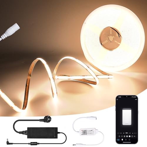 INDARUN Warmweiß Cob Led Strip Warmweiß 10m-Wlan led cob Streifen 10m 3000K mit App Steuerung, 24V COB LED Lichtband LED Selbstklebend 384 Leds/M Kompatibel mit Alexa Google Home von INDARUN
