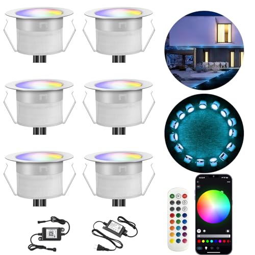 INDARUN LED Bodeneinbauleuchten Aussen RGB 6er Set, Ø31mm WiFi Terrasse Einbaustrahler, Led Terrassenbeleuchtung IP67 Wasserdicht Boden Licht für Küche Garten Treppen von INDARUN