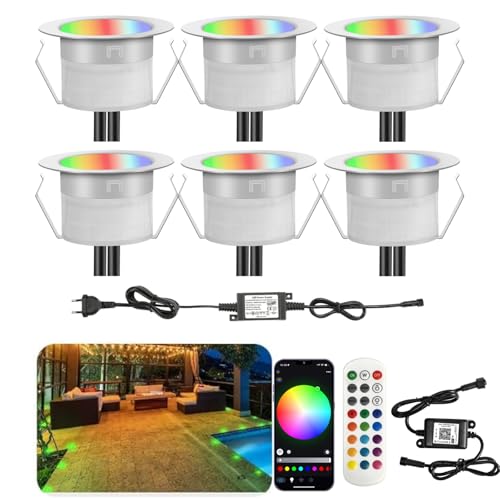 INDARUN LED Bodeneinbauleuchten Aussen RGBW 6er Set, Ø31mm WiFi Terrasse Einbaustrahler, Led Terrassenbeleuchtung IP67 Wasserdicht Boden Licht für Küche Garten Treppen von INDARUN