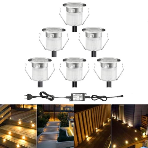 INDARUN LED Bodeneinbauleuchten Aussen Warmweiß 6er Set, Ø30mm Terrasse Einbaustrahler, Led Terrassenbeleuchtung IP67 Wasserdicht Boden Licht für Küche Garten Treppen von INDARUN