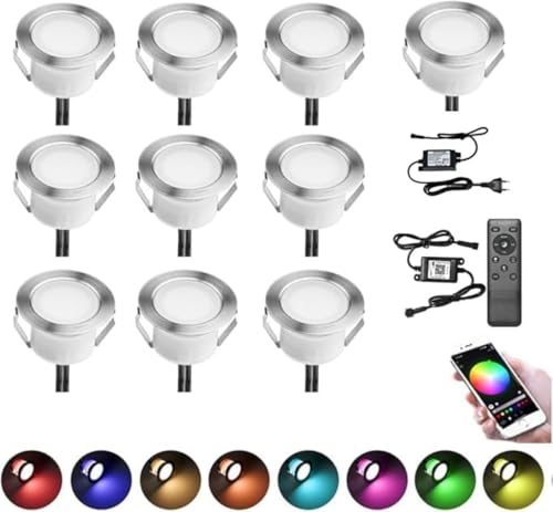 INDARUN WLAN Bodenstrahler Außen 10er Set, RGB, Kompatibel mit Alexa,Google Home, LED Bodeneinbaustrahler Aussen, IP67 Wasserdicht, DC12V, Ø45mm, Terrassenbeleuchtung, Bodenleuchten Außen von INDARUN