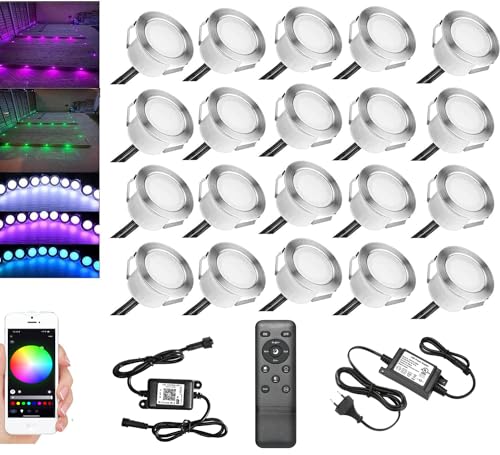 20er RGB LED Bodeneinbauleuchten Aussen WIFI DC12V Ø45mm IP67 Wasserdicht Einbauspots LED Terrasse Einbaustrahler Bodeneinbaustrahler Kit Arbeitet mit Alexa,Google Home von INDARUN