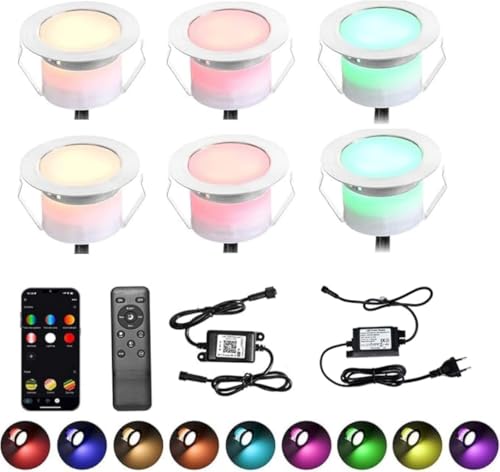 INDARUN WLAN Bodenstrahler Außen 6er Set, RGB+WarmesWeiß, Kompatibel mit Alexa,Google Home, LED Bodeneinbaustrahler Aussen, IP67 Wasserdicht, DC12V, Ø45mm, Terrassenbeleuchtung, Bodenleuchten Auße von INDARUN