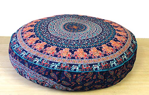 ICC Großer Hippie-Mandala-Kissenbezug, runder Ottoman-Pouf, Tagesbett, übergroßer Baumwoll-Kissenbezug mit robustem Reißverschluss, Sitzkissen, Sitzkissen, Hundebett, Haustierbett, 88,9 cm rund von INDIAN CRAFT CASTLE