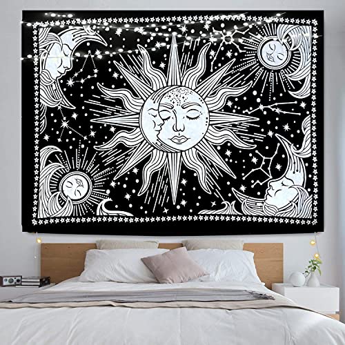 ICC Sonne und Mond Wandteppich Hängende Zimmerdekoration Schlafzimmer Ästhetische Wandteppiche Mystische Kunst Deckendecke Wohnen Hippie Indisches Mandala Mystischer Stern Schwarzweiß 30 x 40 Zoll von INDIAN CRAFT CASTLE