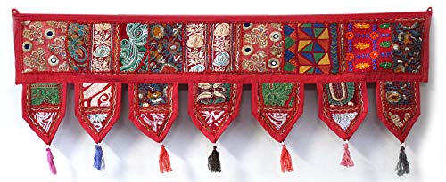 Indian Craft Castle Baumwolle Vintage Patchwork Türbehang Volant Fenster handbestickt Toran Bohemian Decor Wohnzimmer Wand Zuhause handgefertigt Thoranam Bandanwar Dekorationen (rot, 2 Meter) von INDIAN CRAFT CASTLE