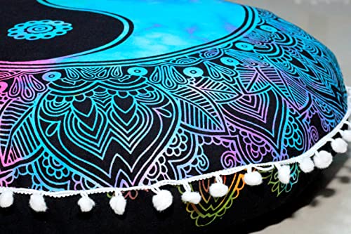 INDIAN CRAFT CASTLE Runder Mandala-Bodenkissenbezug, Sitzkissen, Überwurf, Hippie, dekorativer Bohemian-Ottoman-Pouf, Pompom-Kissenbezüge, Boho-Indisch, 55,9 cm (Yin-Yang) von INDIAN CRAFT CASTLE