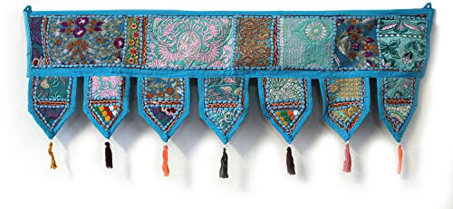 Indian Craft Castle Baumwolle Vintage Patchwork Türbehang Volant Fenster handbestickt Toran Bohemian Decor Wohnzimmer Wand Zuhause handgefertigt Thoranam Bandanwar Dekorationen (Himmelblau, 1 Meter) von INDIAN CRAFT CASTLE