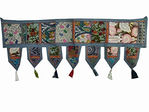 Indian Craft Castle Baumwolle Vintage Patchwork Türbehang Volant Fenster handbestickt Toran Bohemian Decor Wohnzimmer Wand Zuhause handgefertigt Thoranam Bandanwar Dekorationen (grau, 2 Meter) von INDIAN CRAFT CASTLE