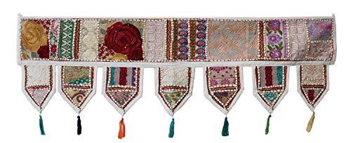 Indian Craft Castle Baumwolle Vintage Patchwork Türbehang Volant Fenster handbestickt Toran Bohemian Decor Wohnzimmer Wand Zuhause handgefertigt Thoranam Bandanwar Dekorationen (weiß, 1 Meter) von INDIAN CRAFT CASTLE