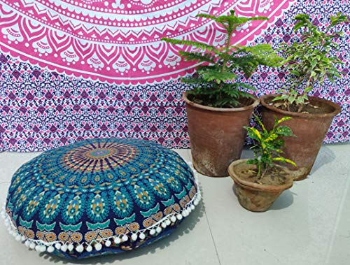 Mandala Bodenkissen Kissen Sitzüberwurf Hippie Dekorative böhmische osmanische Poufs Bezüge Boho Großer Boden Bohemian Yoga Dekor Bodenbelag 61 cm Rund von INDIAN CRAFT CASTLE