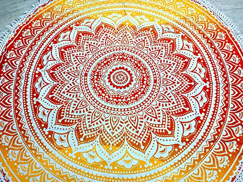 Runde Strand-Mandala-Boho-Hippie-Decke indische Baumwolle böhmische große Tischdecke Heimdekoration Yoga-Matte Meditation Picknickdecke Überwurf Hippie-Boho-Tischdecke (Roundie 42 Zoll, Gelb Orange) von INDIAN CRAFT CASTLE