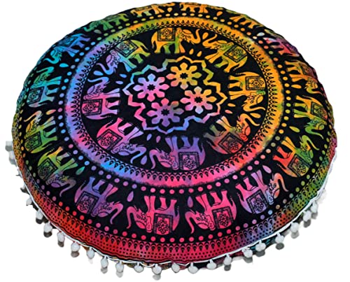 Runder Mandala-Boden-Kissenbezug, Sitzkissen, Überwurf, Hippie, dekorativer Bohemian-Ottoman-Pouf-Bezug, Pom-Pom-Kissenbezüge, Boho-Indianer, 55,9 cm (mehrfarbig) von INDIAN CRAFT CASTLE